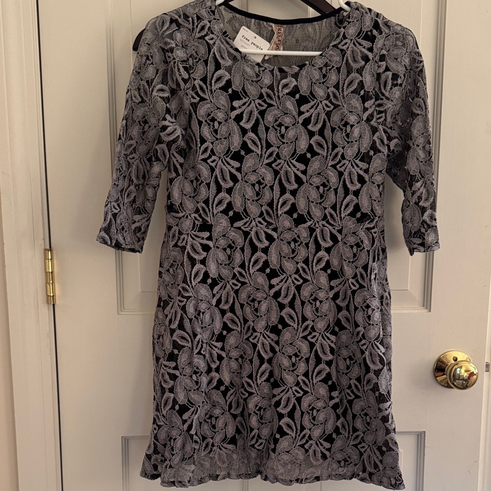 NWT FREE PEOPLE  Gray Lace Dress with attached slip - adjustable straps.
